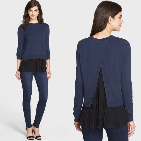 Chelsea28 Sweaters - Chelsea28 Pleated Cashmere Sweater Size XS Accordion Hem Split Back Blue Black
